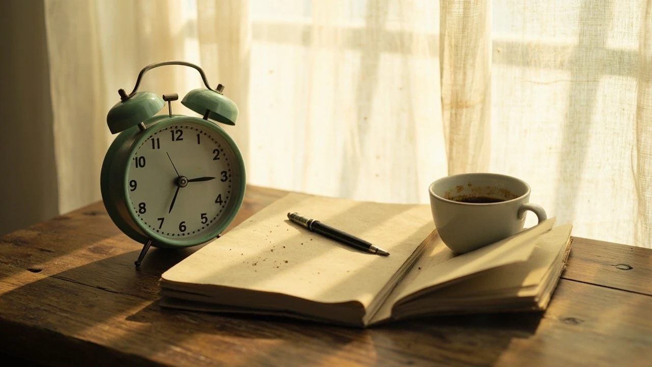 Orologio analogico che mostra l'ora 05:05, con luce tenue dell'alba sullo sfondo, per la guida al 05 05 significato.