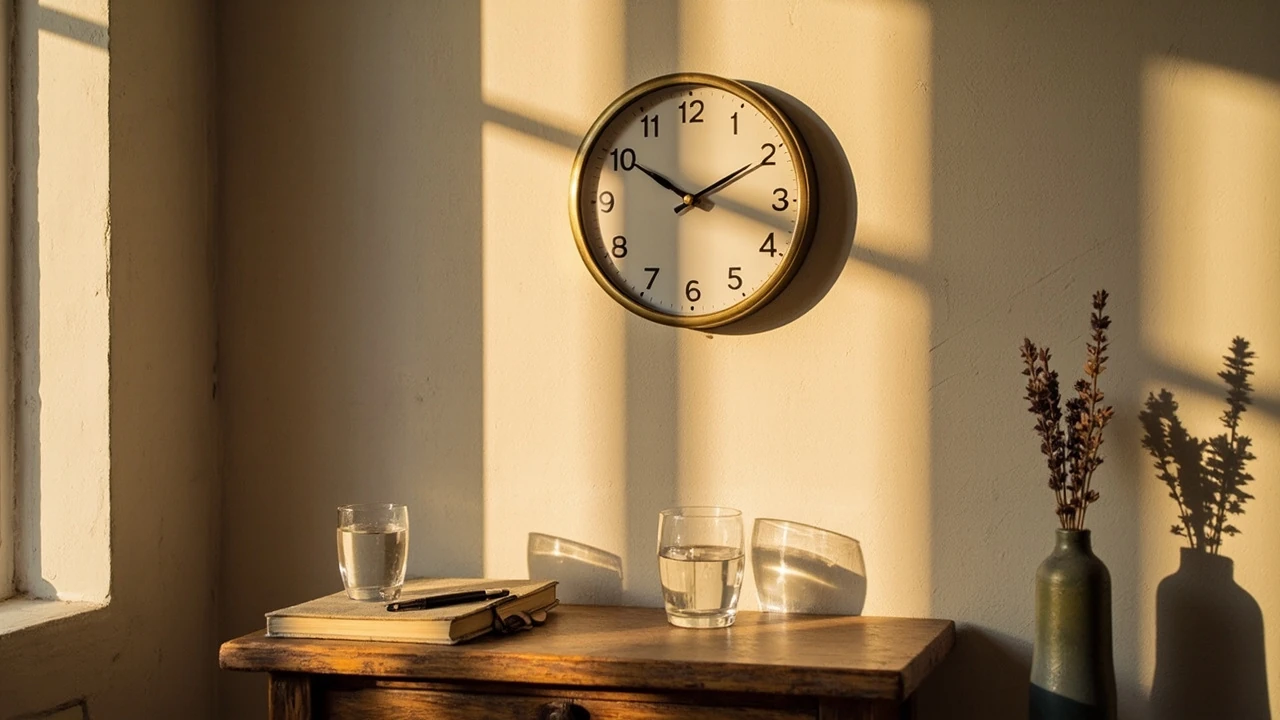 Orologio analogico che segna le 17:17, con luce calda del tardo pomeriggio su una mensola di legno